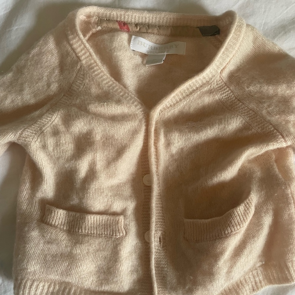 Burberry girls pink cream 100% cashmere button down sweater! 9 months